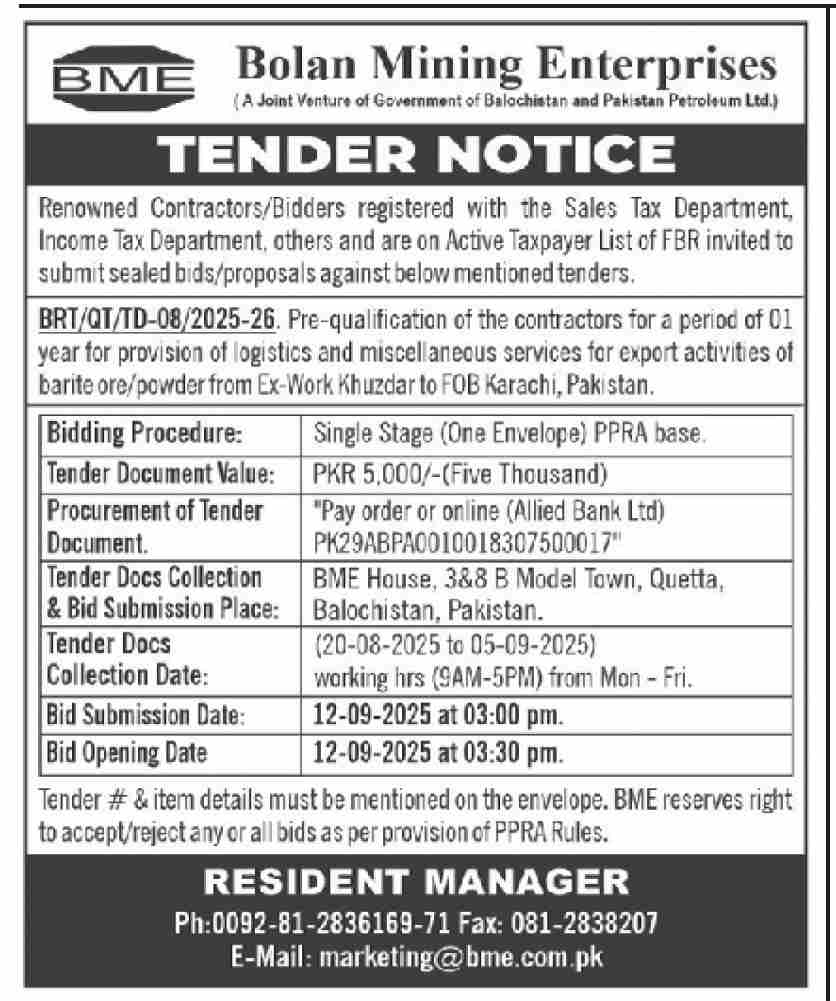 Bolan Mining Enterprises Tender Notice